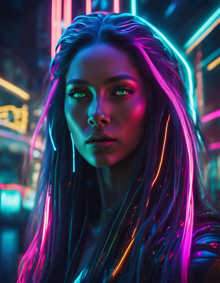Neon Cyberpunk Goddess with Flowing Hair