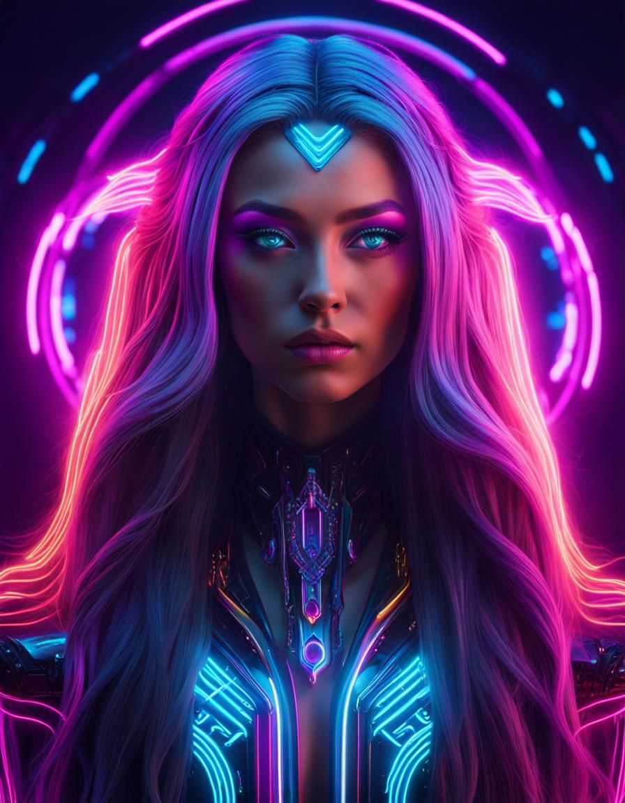 Neon Cyberpunk Goddess with Flowing Hair
