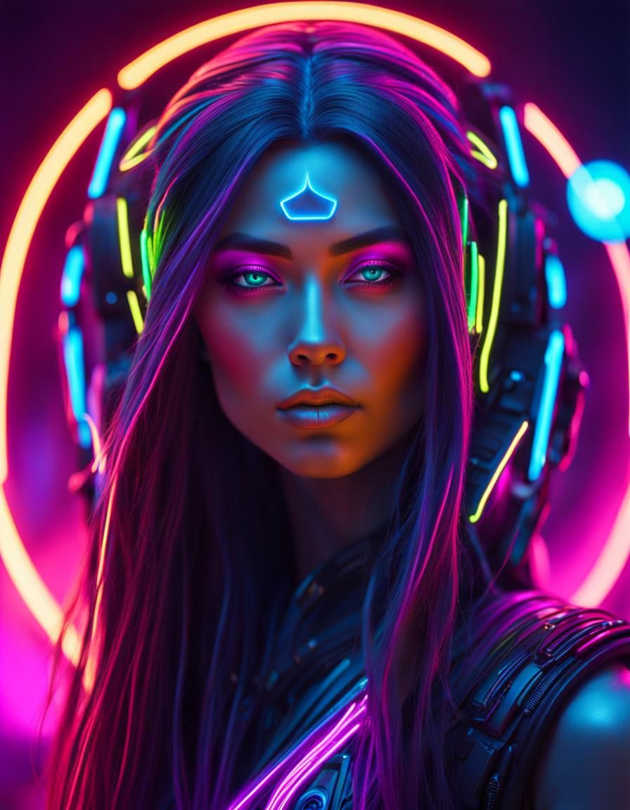 Neon Cyberpunk Goddess with Flowing Hair
