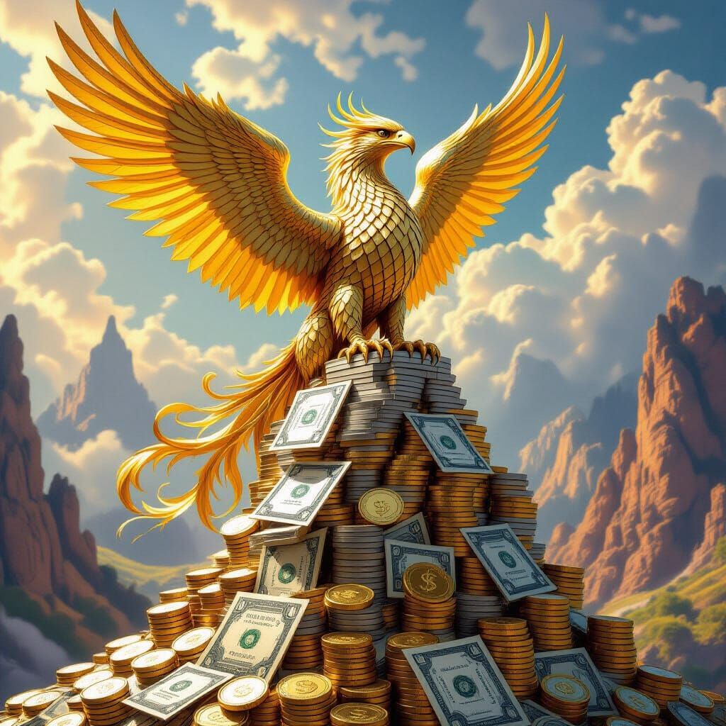 Golden Griffin Perched on Banknotes in Fantasy Art Style