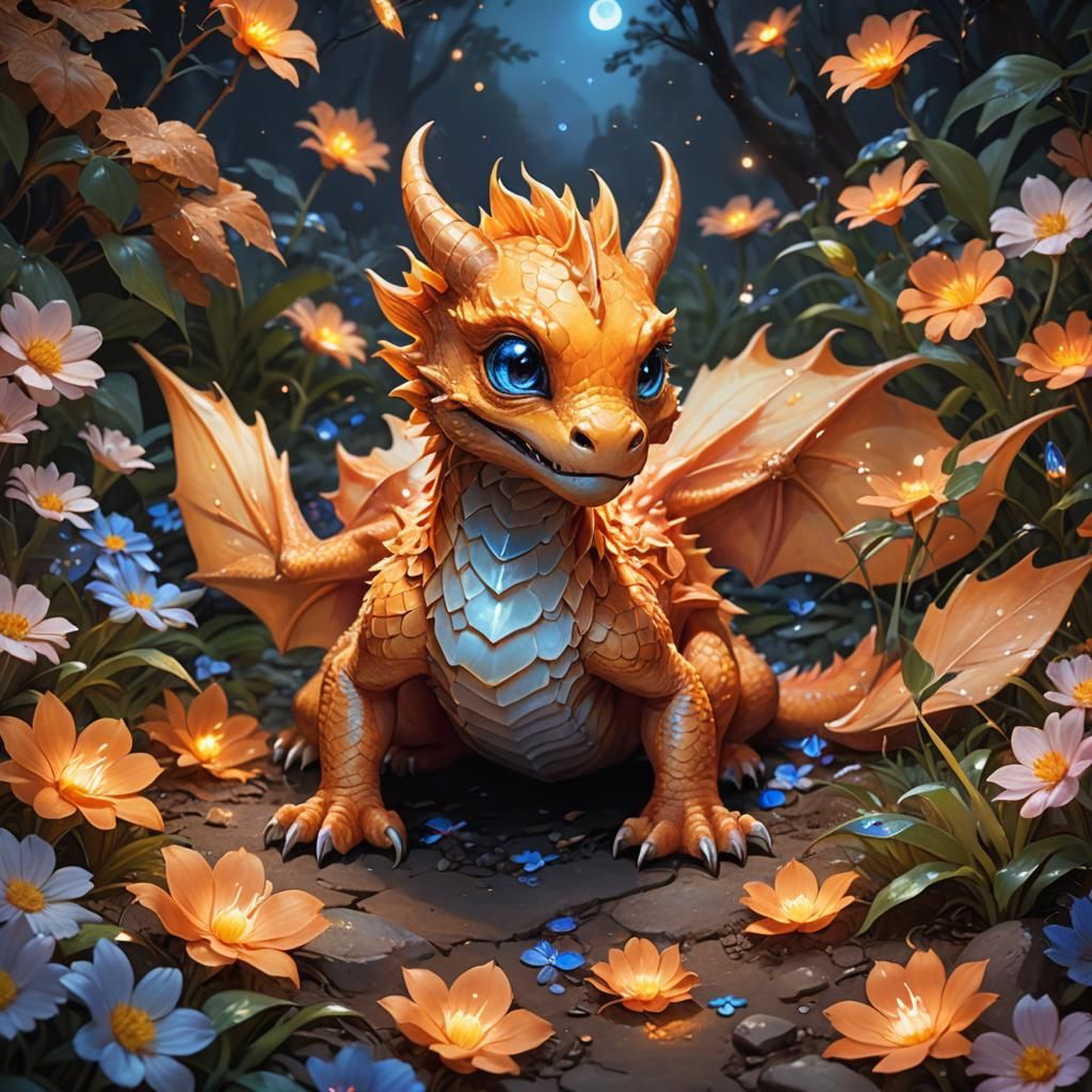 Adorable Baby Dragon in a Magical Garden