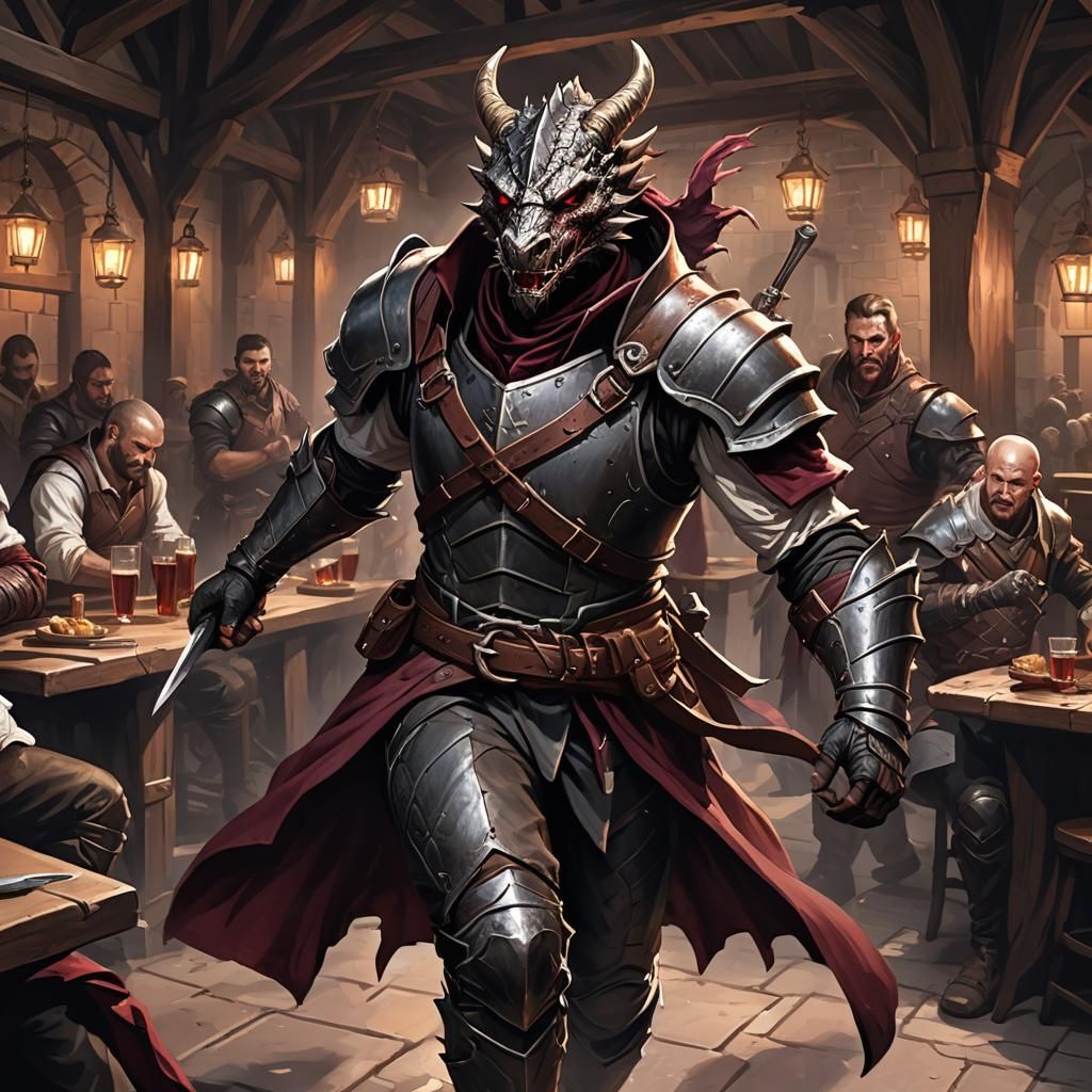 Imposing Metallic Dragonborn Bloodhunter in Dark Fantasy Sty...