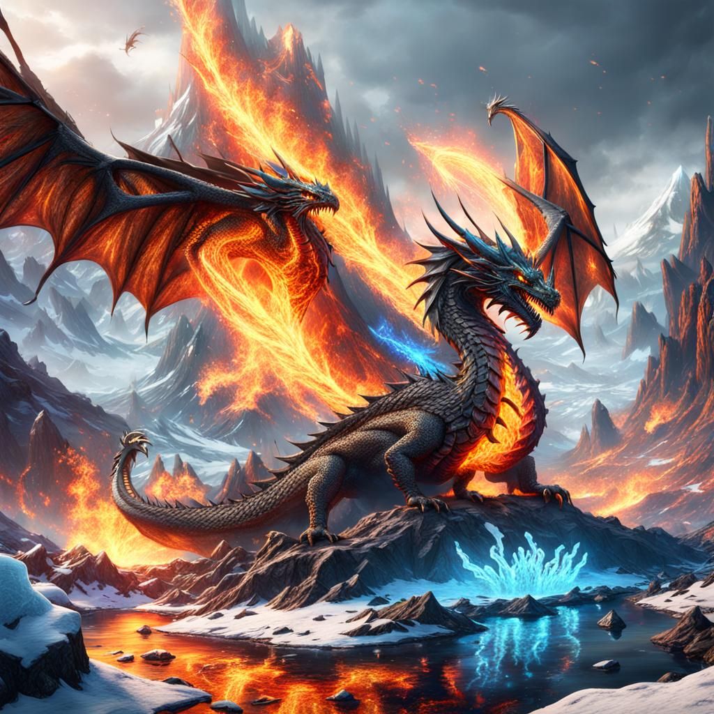 Dragon with Fire and Ice Wings
