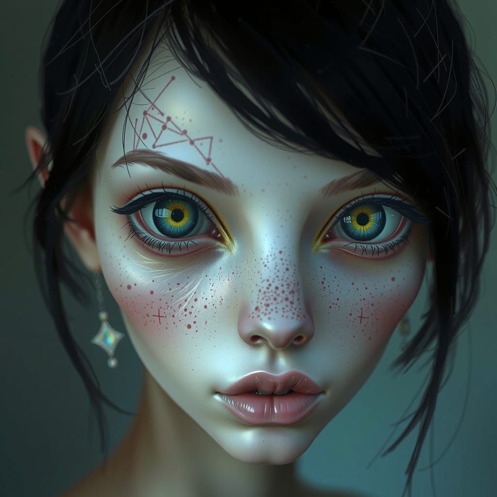 Surprised Alien Woman with Iridescent Skin and Constellation...