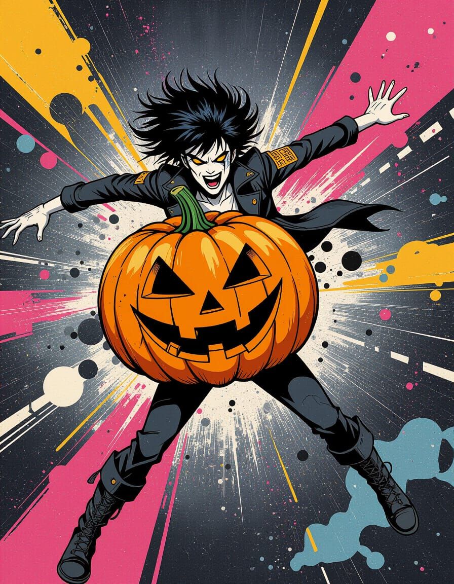 Goth Cyberpunk Pumpkin Chaos in Dynamic Action
