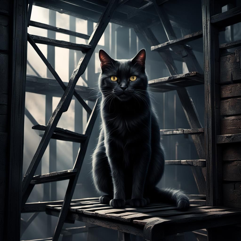 Dramatic Black Cat Under Ladder: Digital Matte Painting