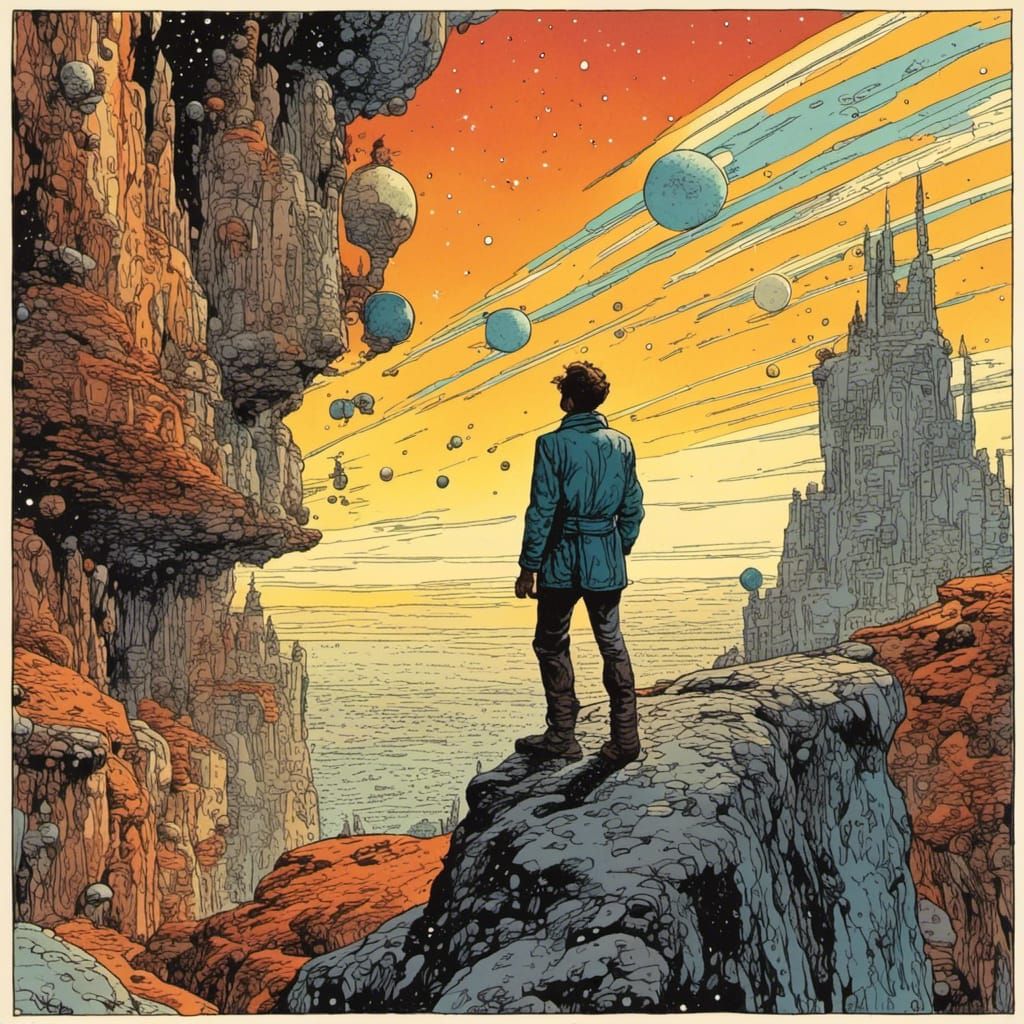 Young Man Contemplates Spaceway, Hand-Drawn Style