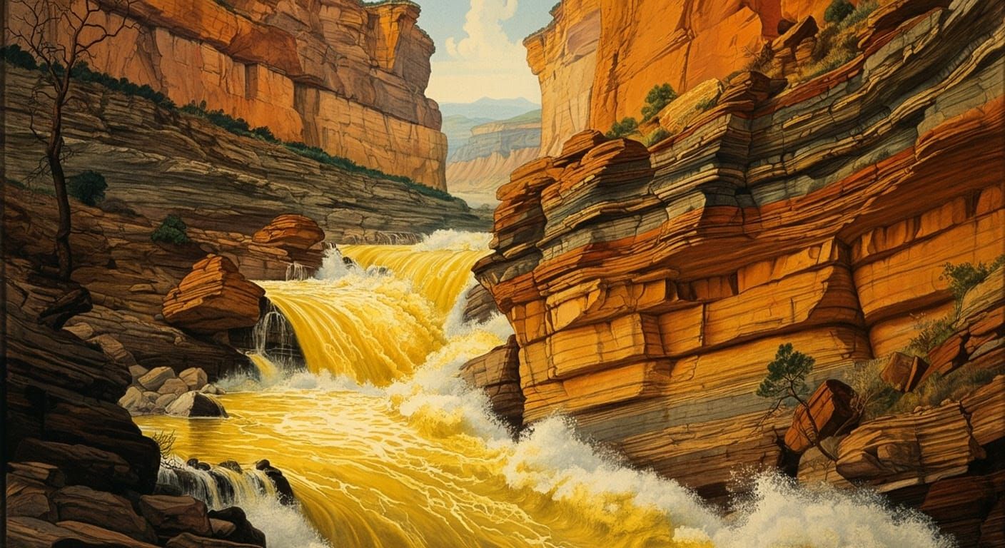 Yellow Flood on Sandstone Cliffs: 19th-Century Illustration