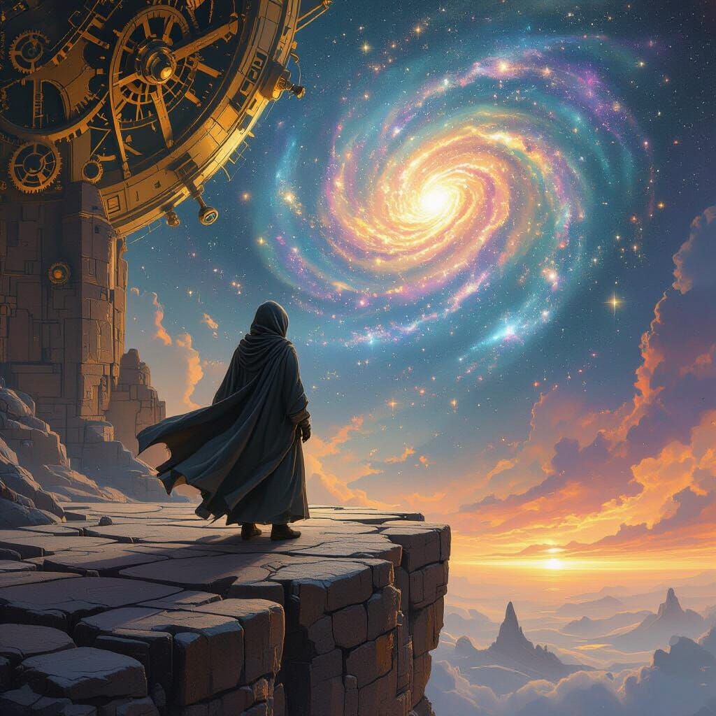 Navigator Gazing at Bioluminescent Galaxy in Cosmic Landscap...