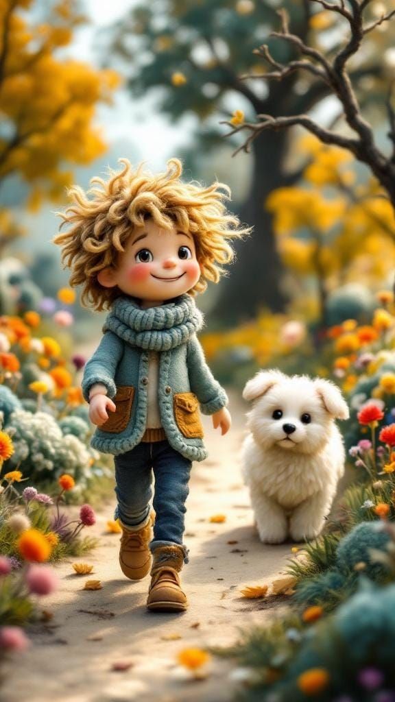 Whimsical Yarn Park Stroll with Boy and Dog