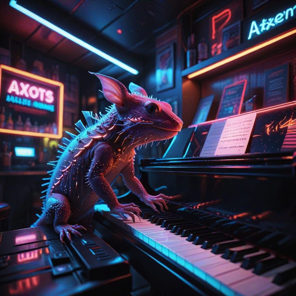 Axolotl in Neon Lit Bar Plays Piano in Vibrant Futurism