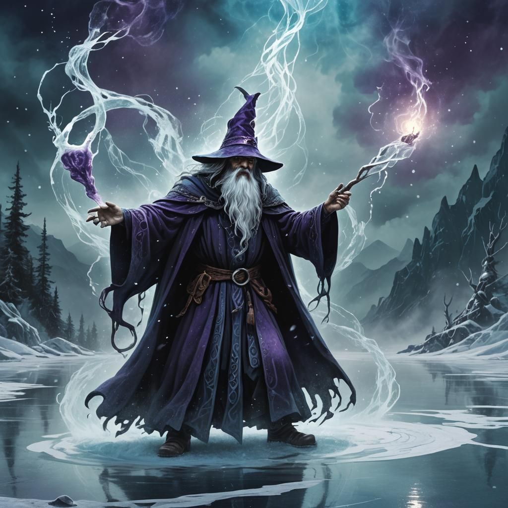 Wizard Casting Spell on Frozen Lake