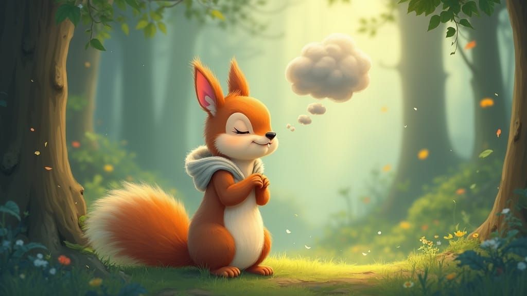 Meditating Cartoon Squirrel in Magical Forest