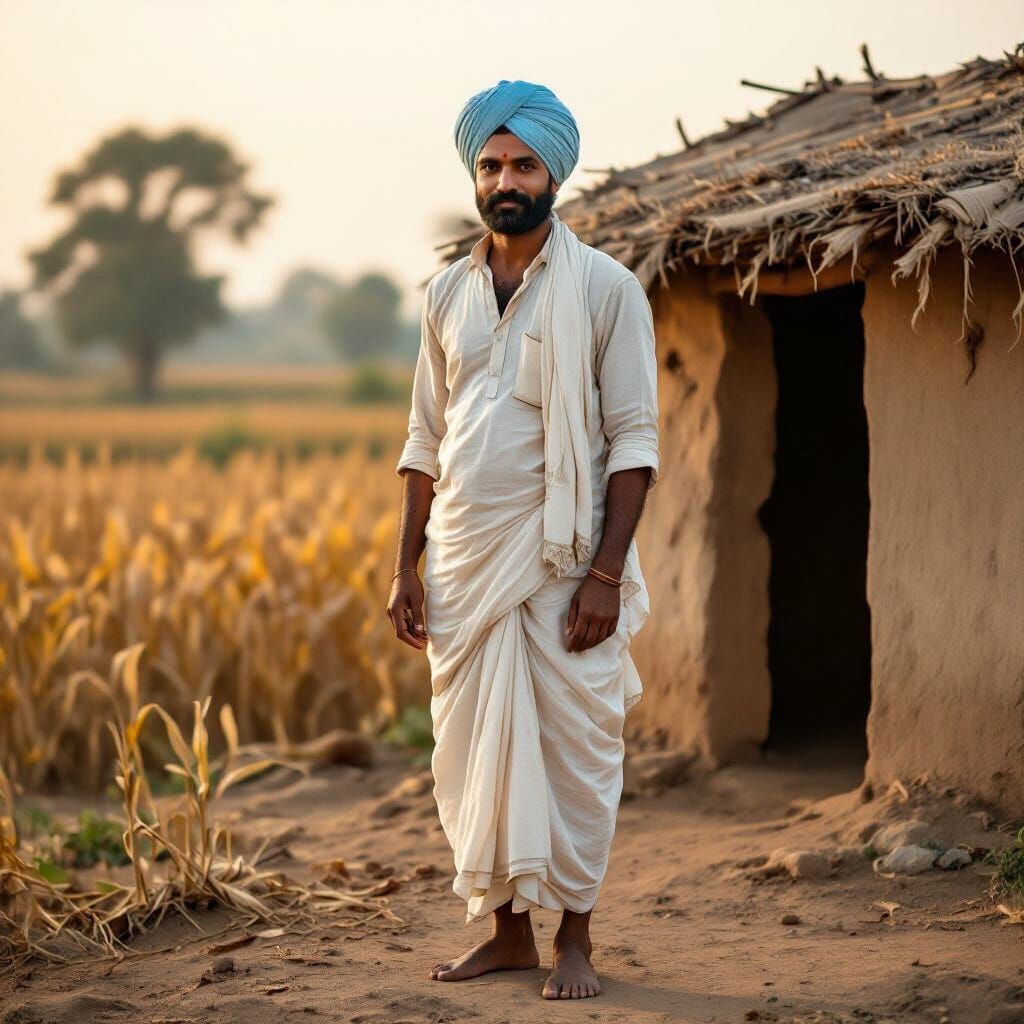Indian Farmer in Rural Village at Sunset