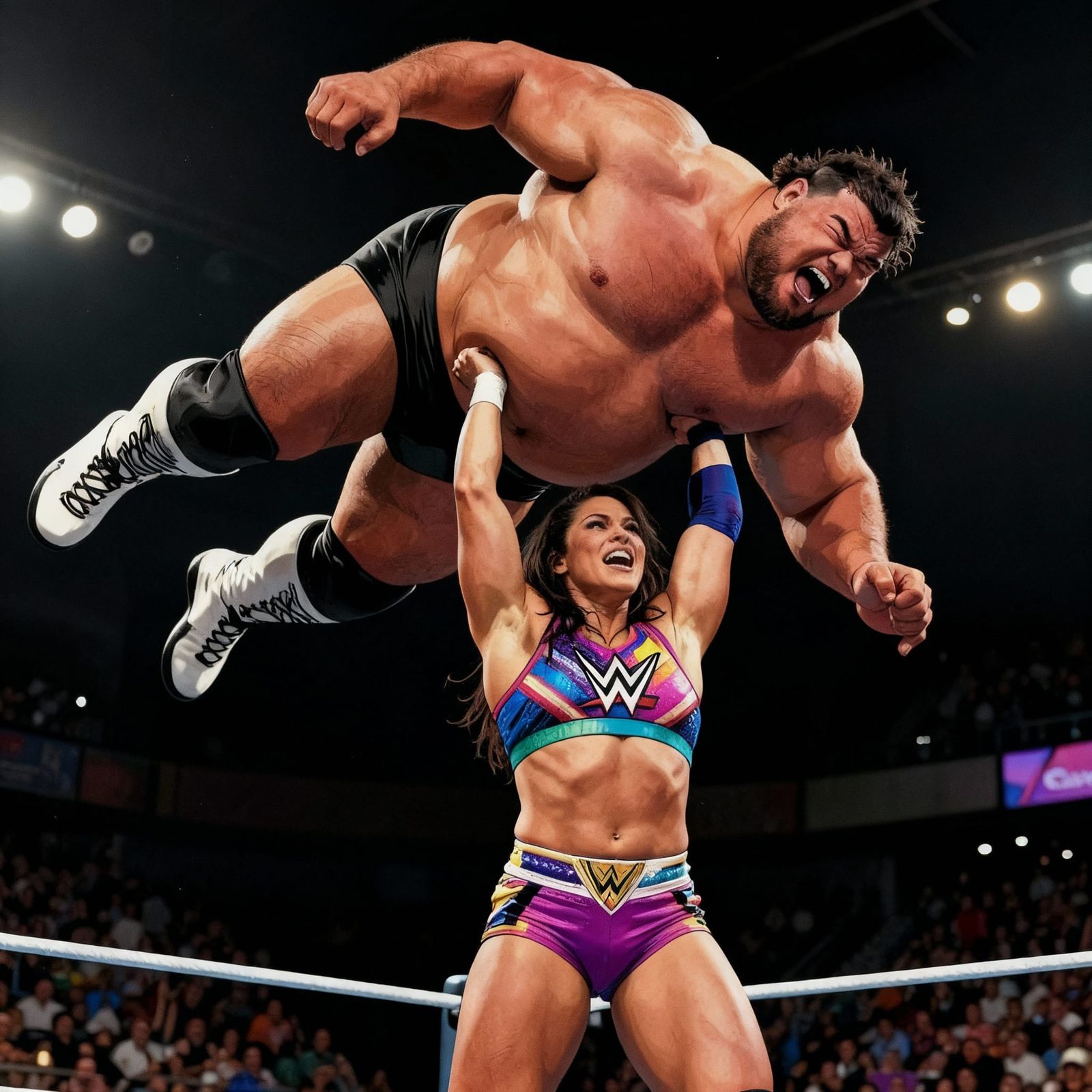 Athletic Wrestler Lifts Giant Sumo High in the Air