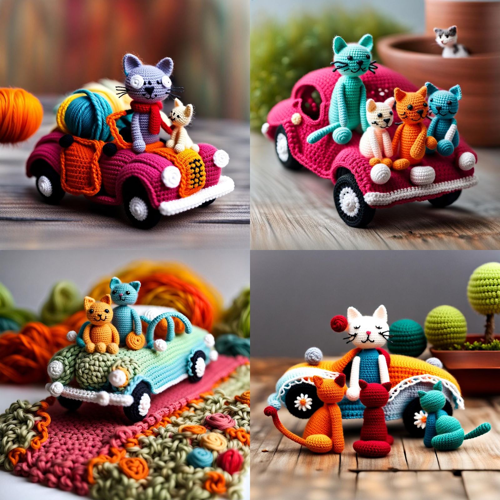 Crochet Cat on Car in Kind Colorful Scene