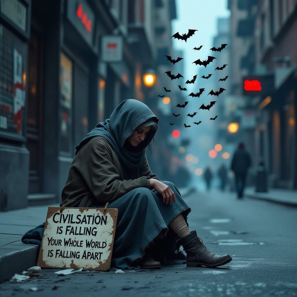 Haunting Image of a Beggar Attacked by Bats