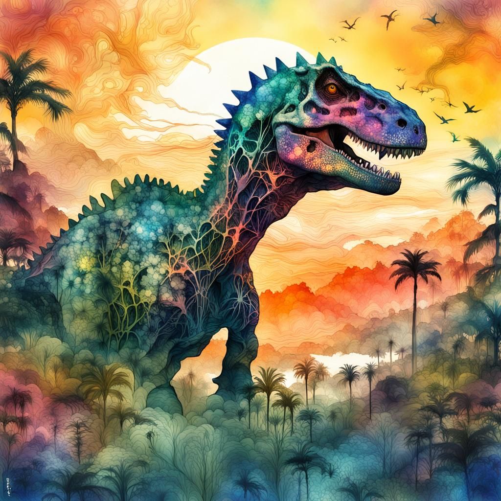 Fantasy Dinosaur Double Exposure Watercolor Illustration