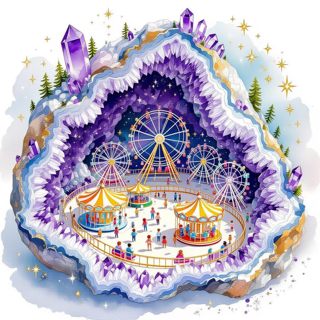 Amusement Park in Geode with Crystals, Watercolor Ink Style