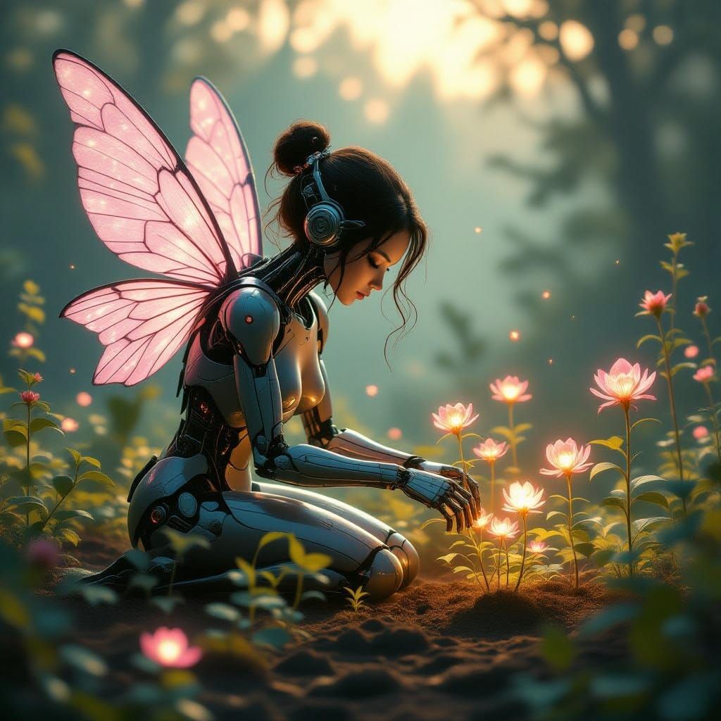 Cyborg Goddess Among Glowing Blooms in Golden Haze