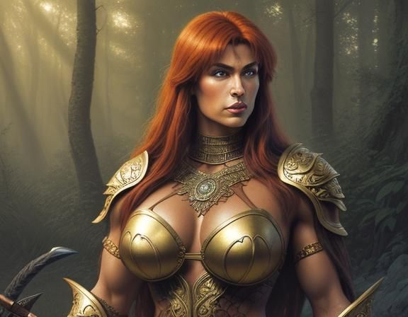 Hyper-realistic fantasy illustration. Medium shot. Woman wit...