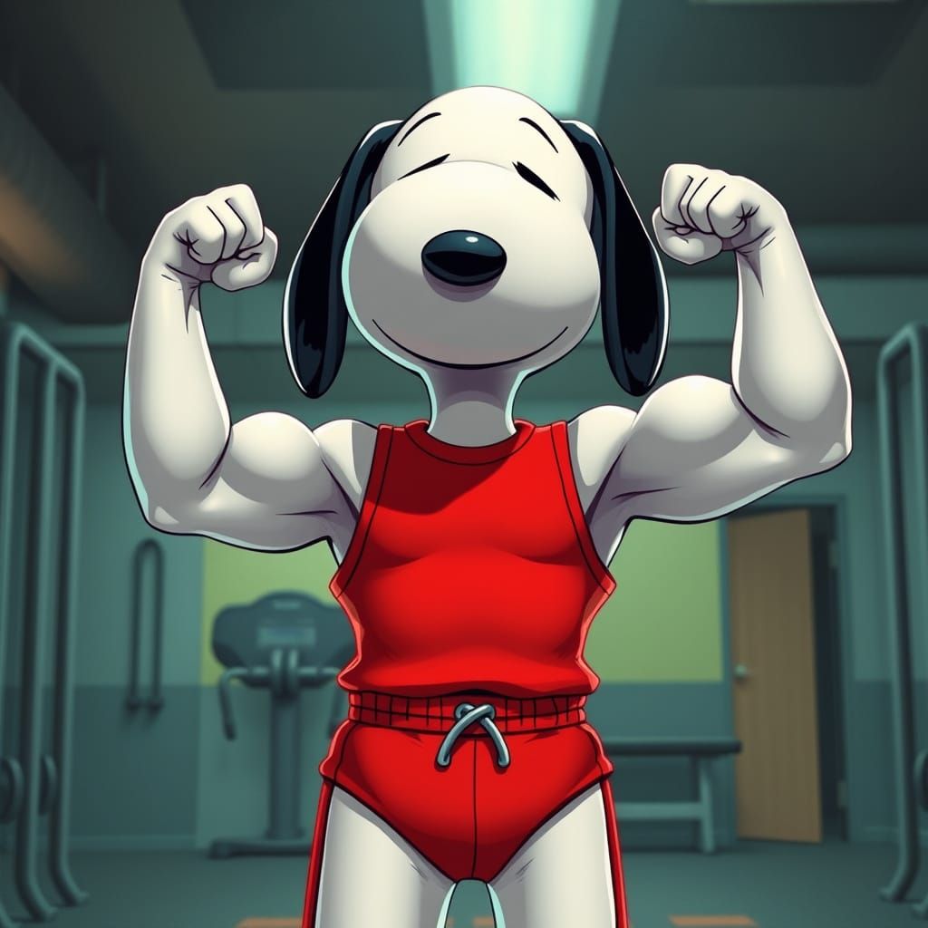 Snoopy as a Strong Futuristic Athlete in a Gym