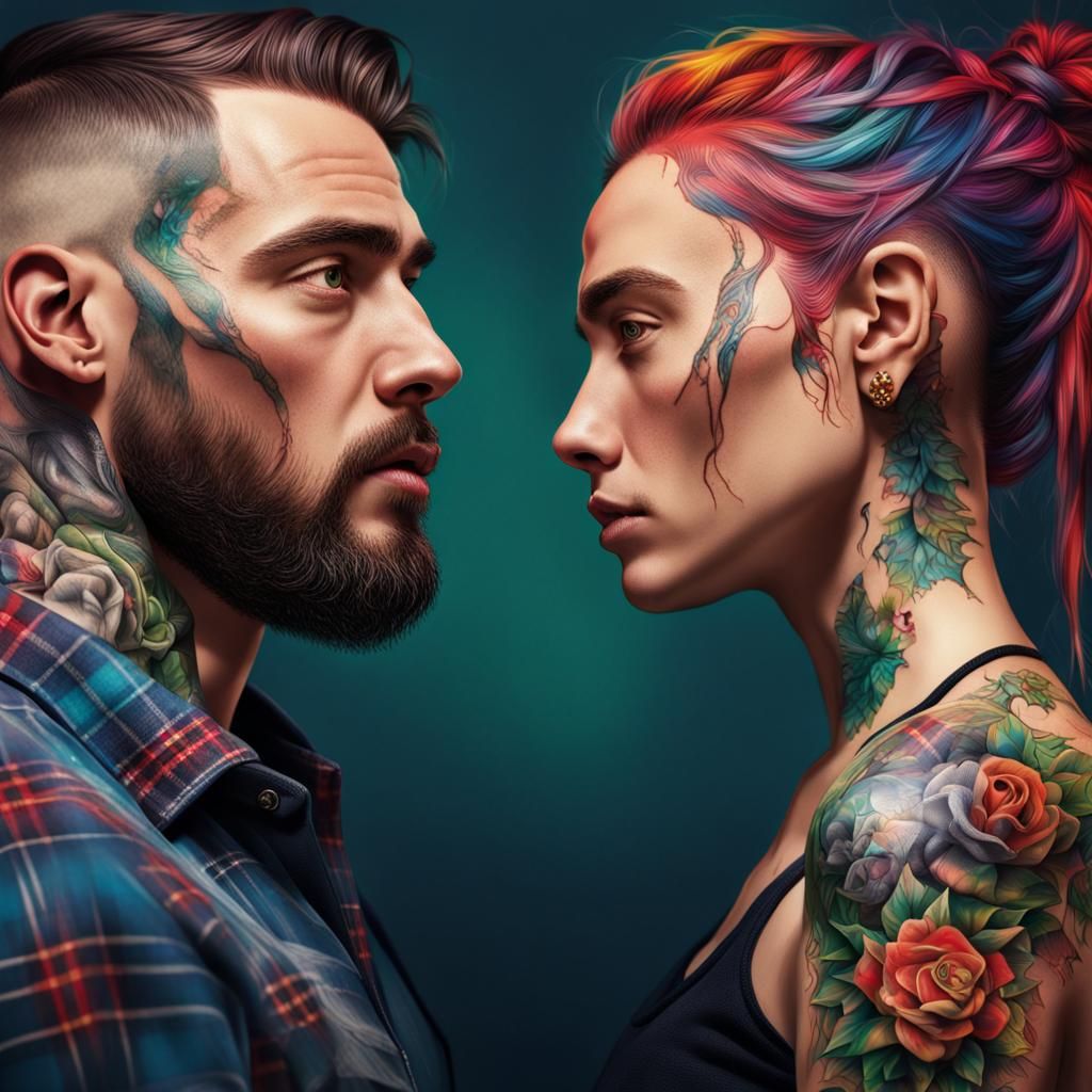 Hyperrealistic Couple with Tartan Tattoos