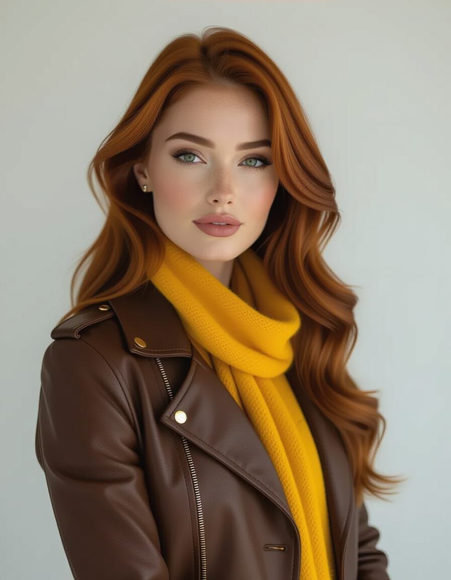 Elegant Redhead Woman in Leather Jacket with Yellow Scarf