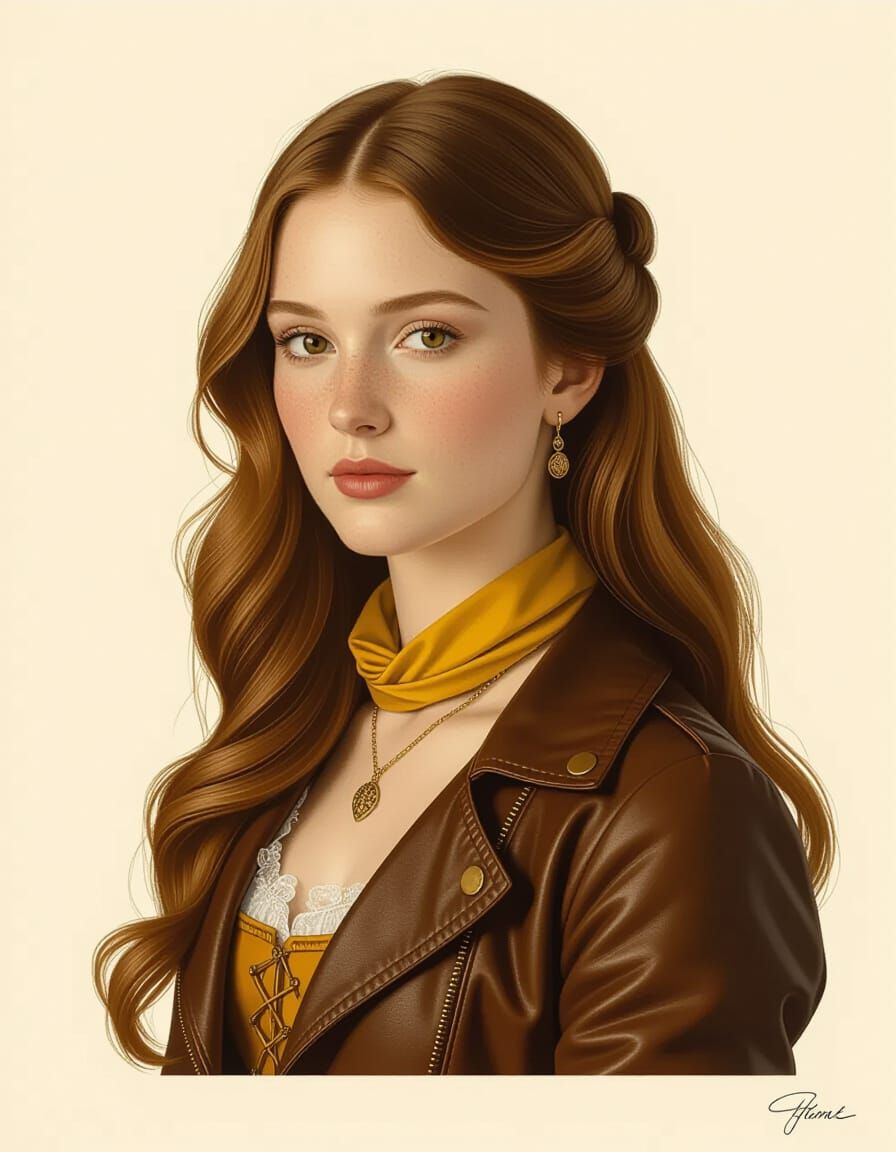 Elegant Redhead Woman in Leather Jacket and Yellow Scarf