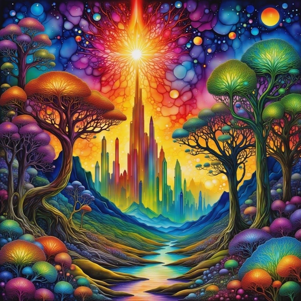 Surrealist Alien Landscape with Biomechanical Creatures and...