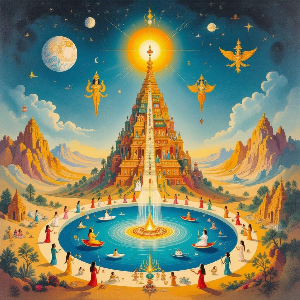 Vedic and Zoroastrian Cosmology Diptych in Surrealist Style