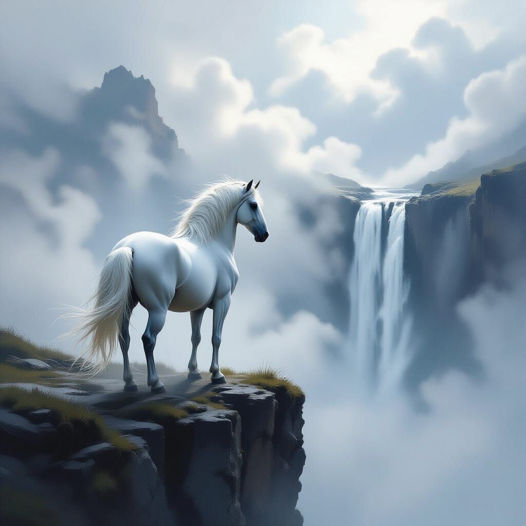 White Stallion on Cliff Overlooking Waterfall in Fog