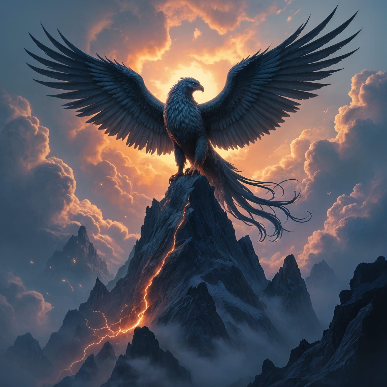 Colossal Griffin on Storm Peak Amidst Cosmic Nebula