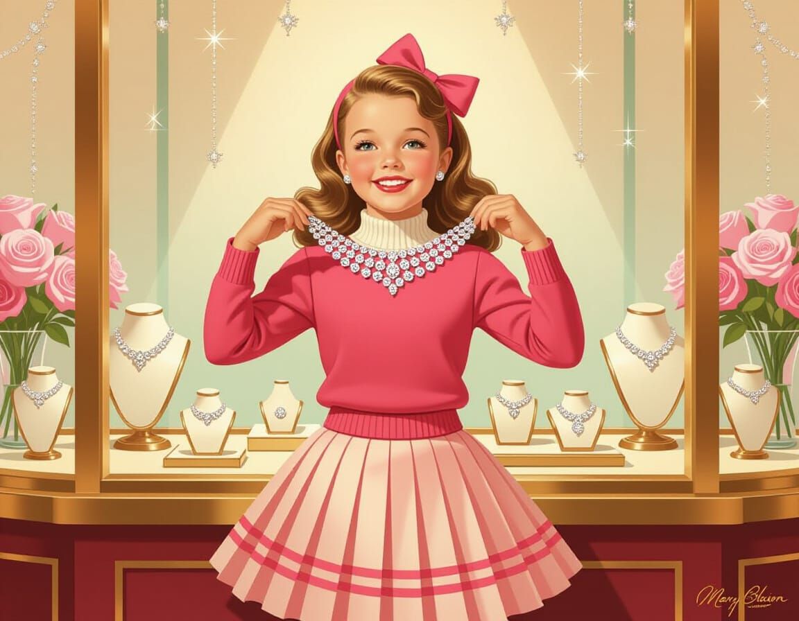 Girl Cheerleader Admires Jewelry in Pin-Up Realism Style