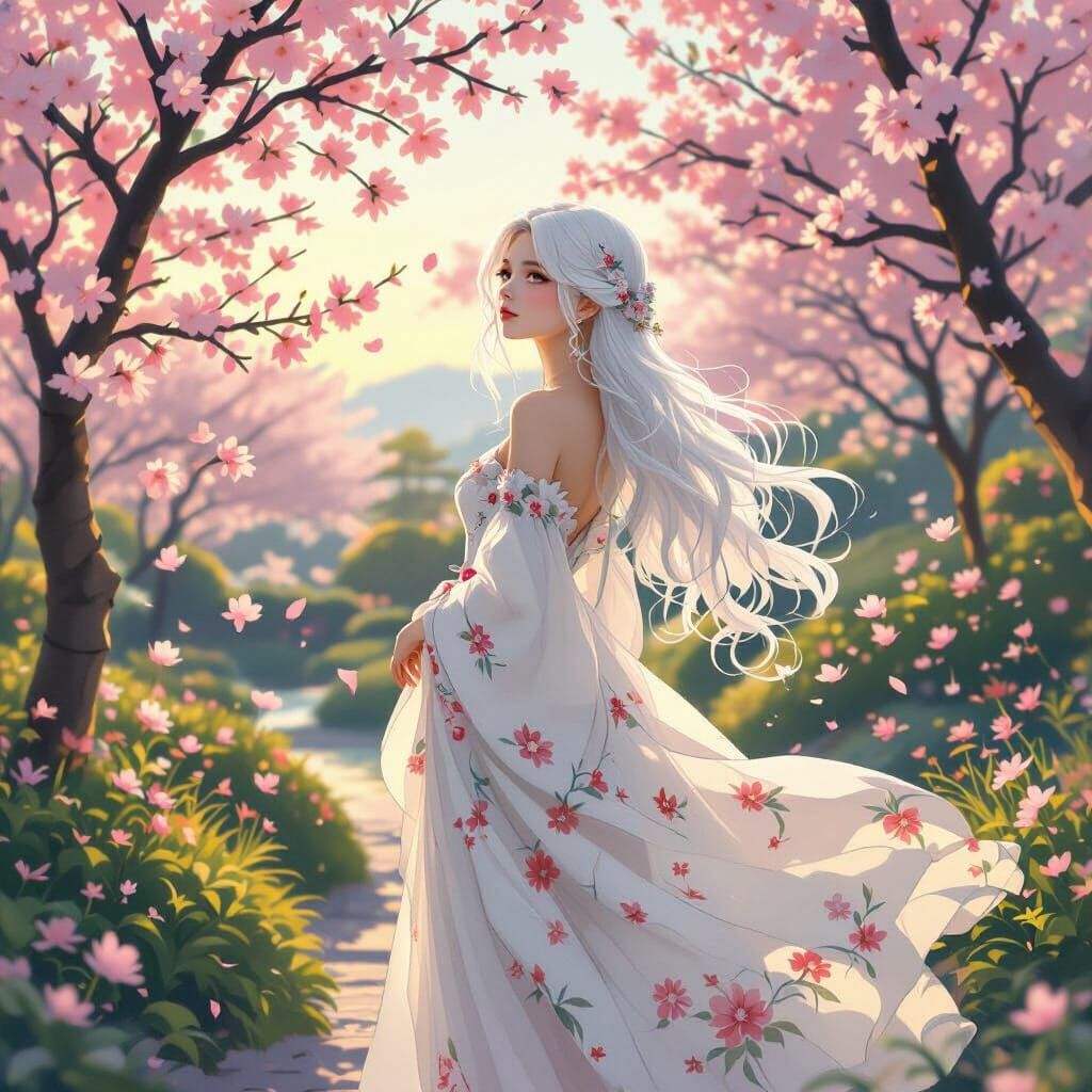 Ethereal Woman in Cherry Blossom Garden, Impressionistic Sty...