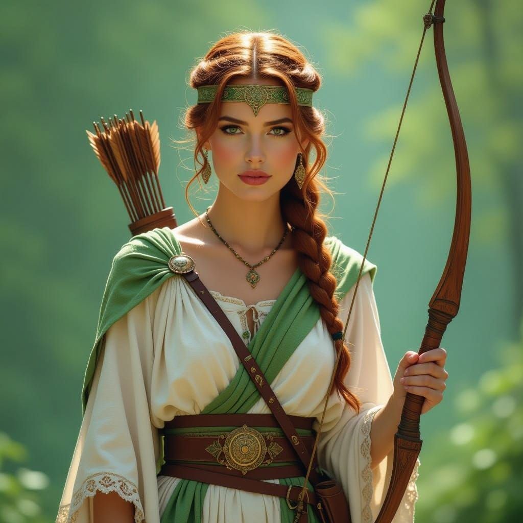 Hyperrealistic Goddess of the Hunt in Ancient Alpine Forest