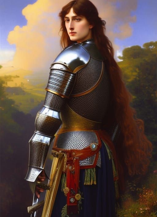 Pre-Raphaelite knight portrait, knight in full armour, no helmet, long flowing hair, digital matte painting, full body p...