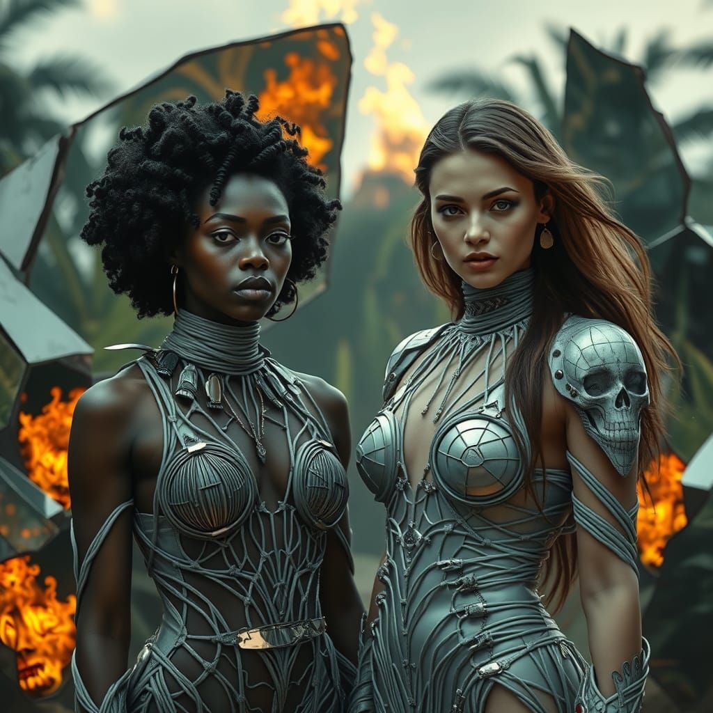 Futuristic Women in a Shattered Mirror Oasis