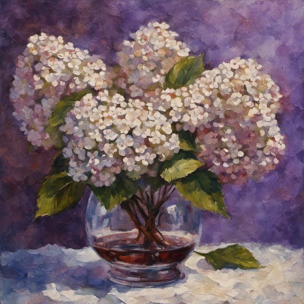 Viburnum Flowers in Clear Glass Vase Half Filled with Water, Purple Brown Coffee Stained Old Textured Parchment Paper Ba...