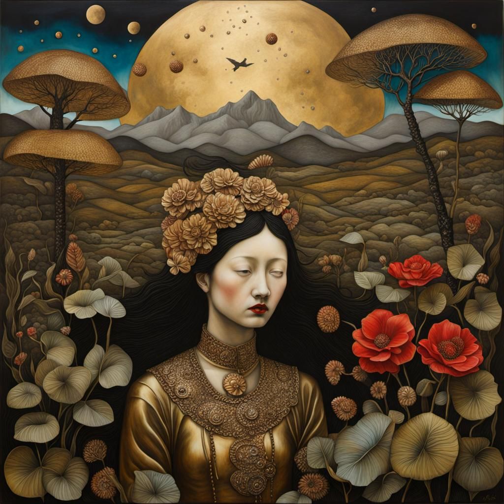 Surreal Bronze Scene in Mixed Media Style