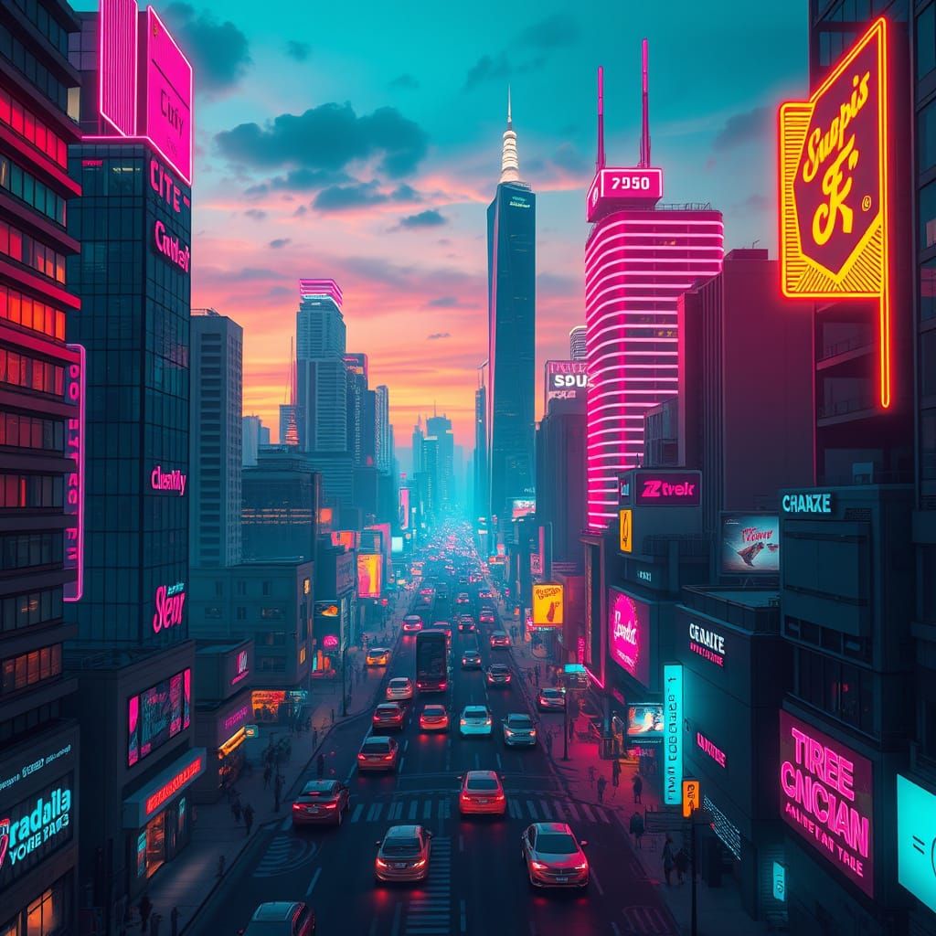Neon Cityscape at Dusk in Cyberpunk Style