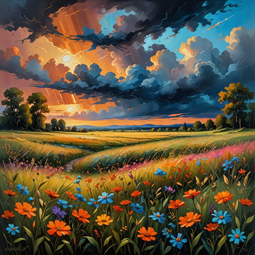 Impressionist Meadow Under Stormy Sky in Oil