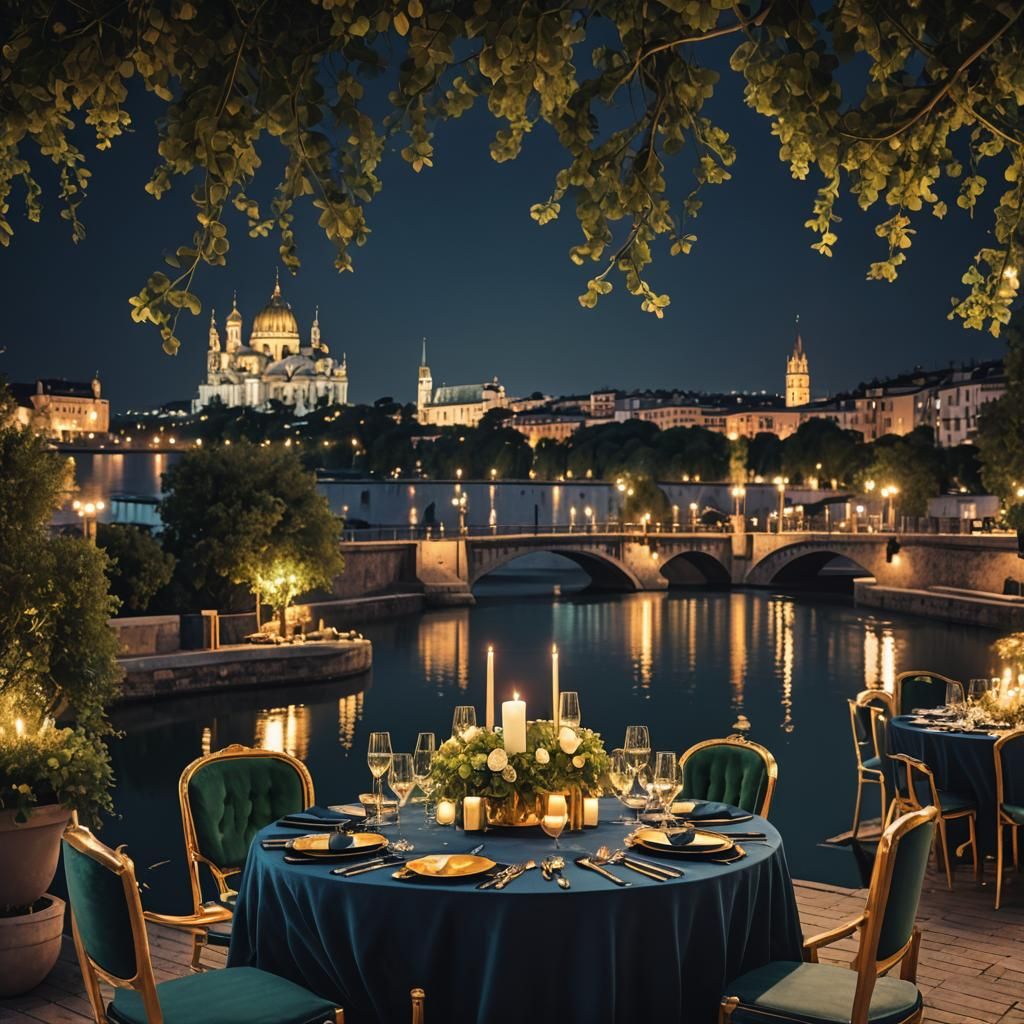 Romantic Riverside Dinner in Dark Blue and Gold