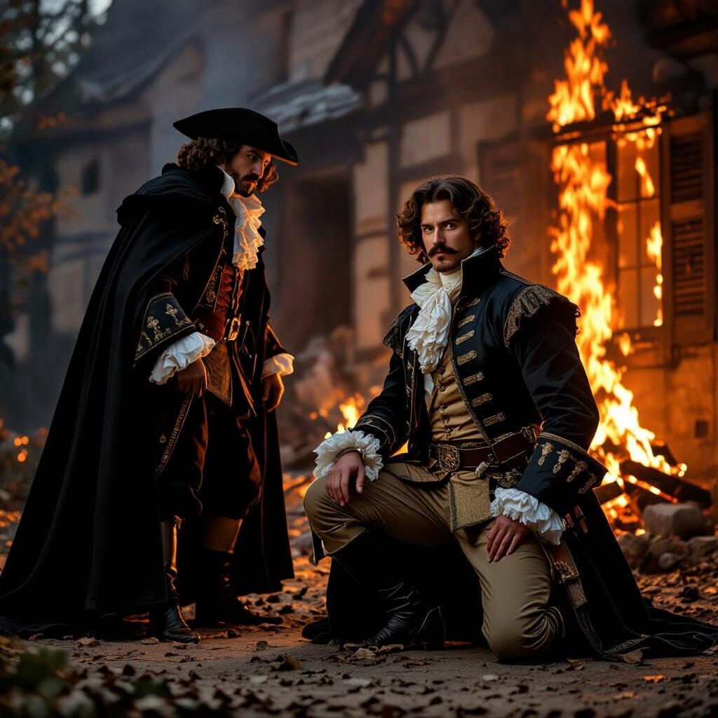 Baroque Painting: Aristocrat Kneels Outside Burning Home