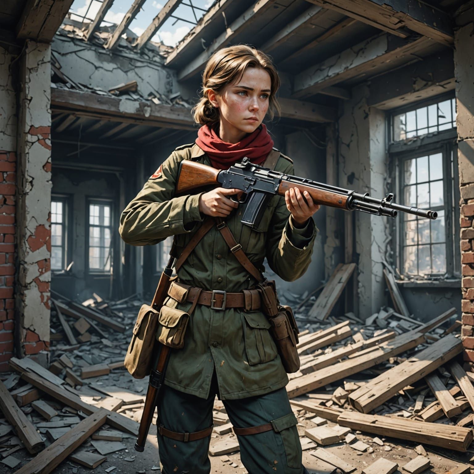 Girl Sniper in a Ruined Building, Soviet Style