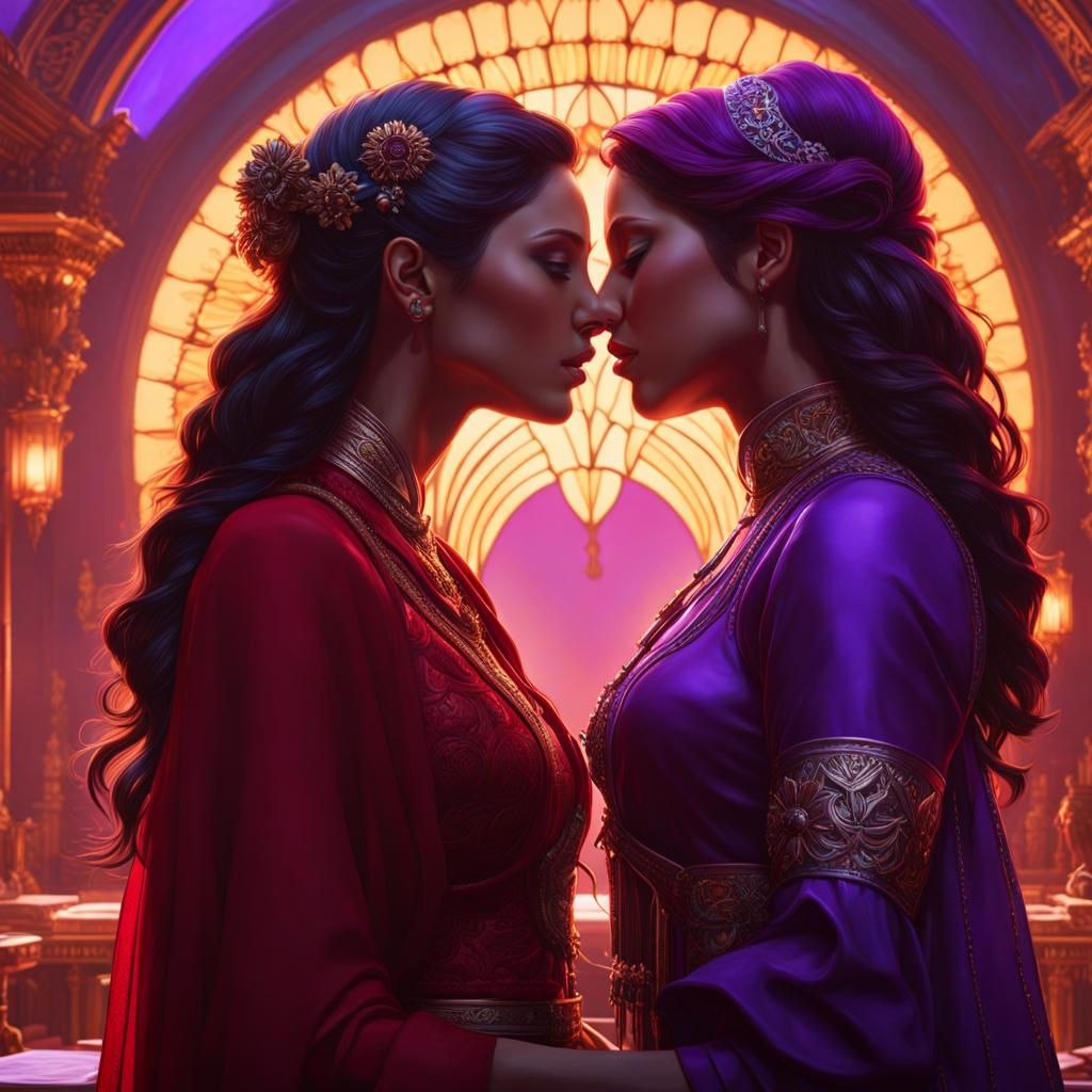 Two Women Share a Kiss: Hyperdetailed Art