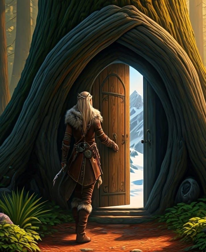 Elven Druid Opens Redwood Portal to Tundra