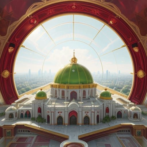 Futuristic Ruby Palace with Pearl Domes