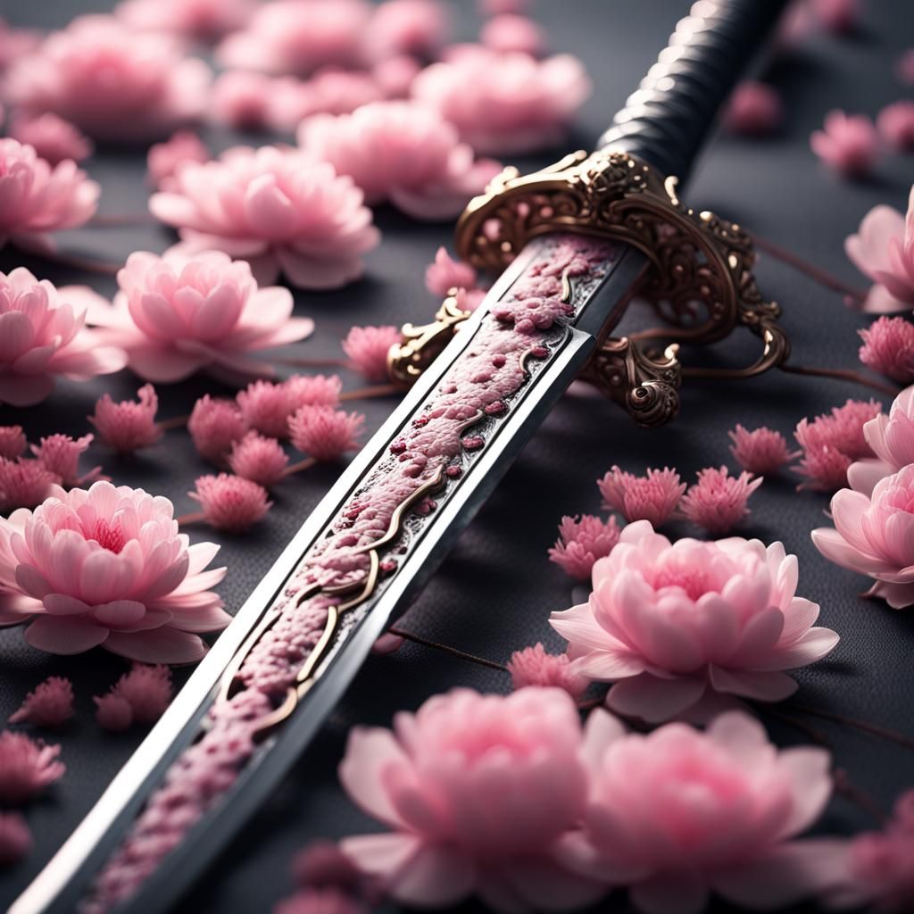 Ornate Samurai Katana in Sakura Flowers: 3D Render
