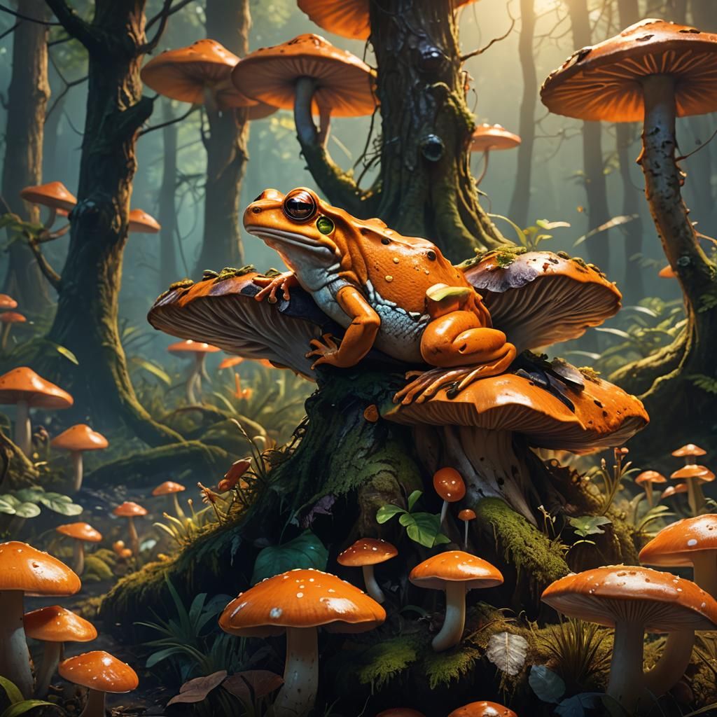 Orange Frog on Mushroom in Mystical Forest
